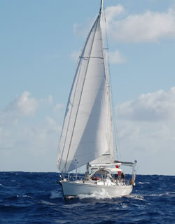 Najad 460, Serafina of Maldon, using a hard wind jib on an inner furlex.