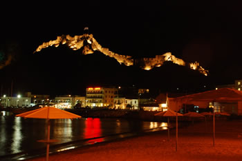 Myrina Castle by night.
