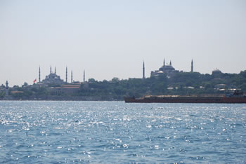 View from the Bosporus of Sultanahmet Mosque and Haghia Sophia.
